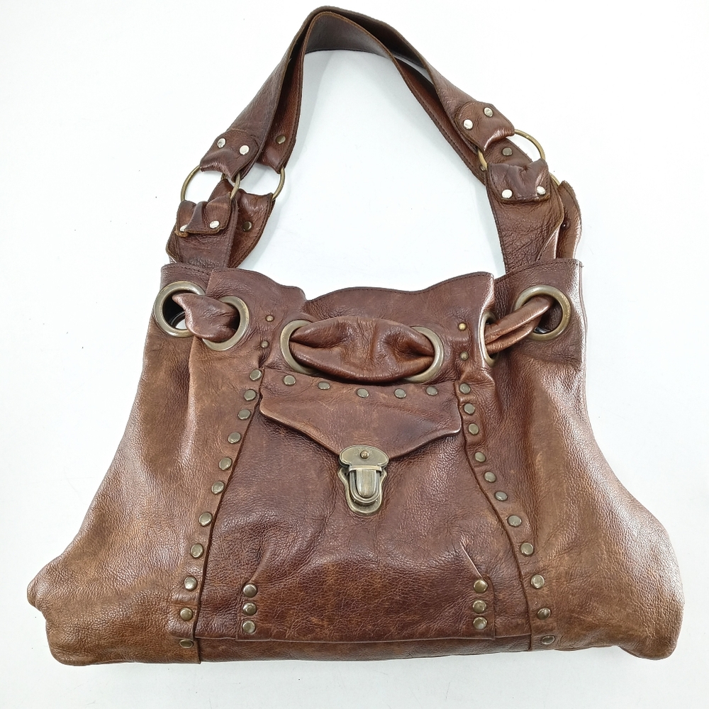 Brown Leather Shoulder Bag with Stud Accents